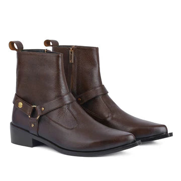 Handmade Brown Leather Ankle Boots - Men's Harness Chelsea Boots