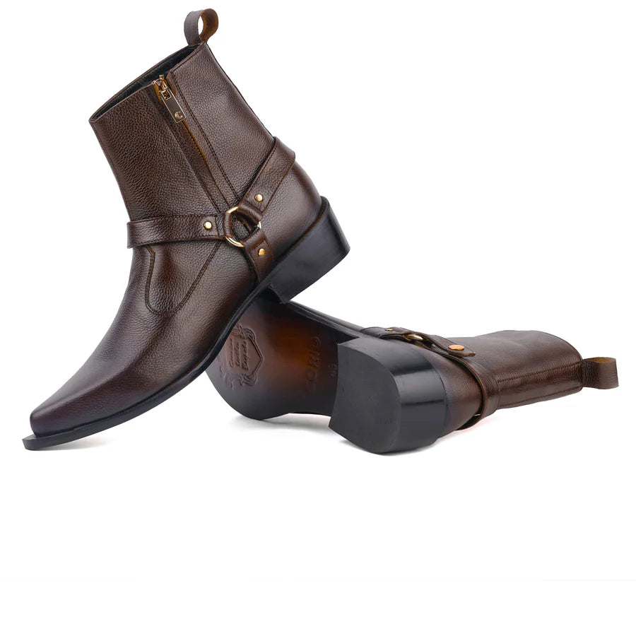 Handmade Brown Leather Ankle Boots - Men's Harness Chelsea Boots