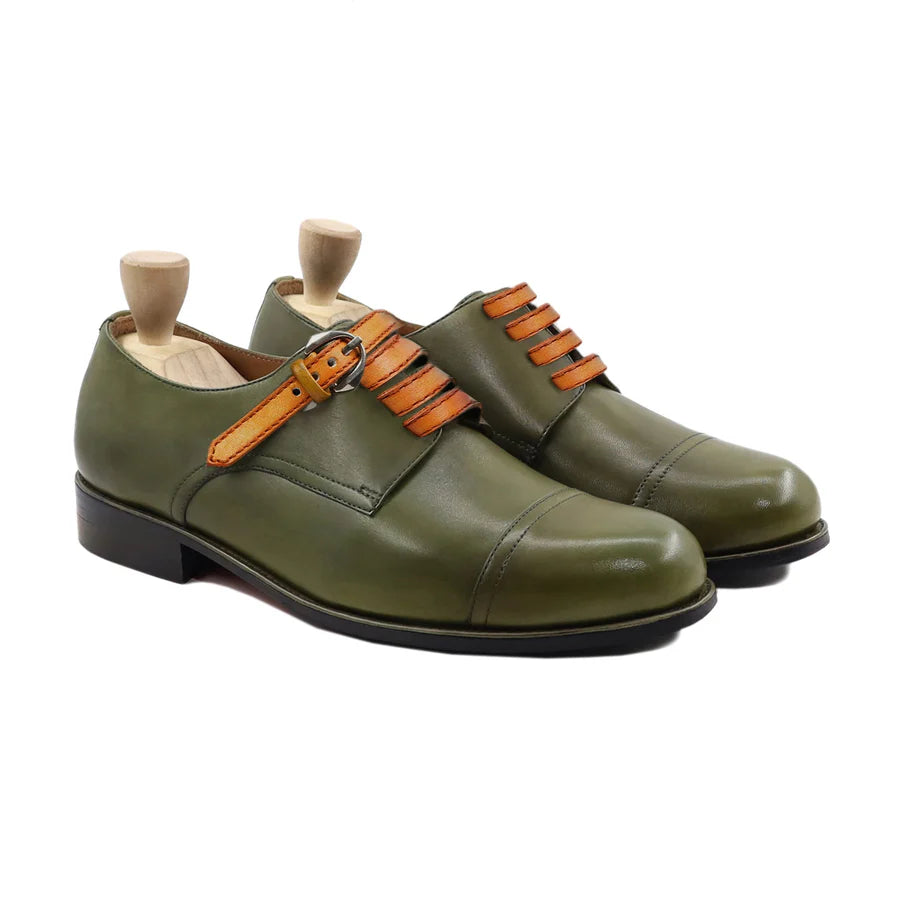 Handmade Olive Green Leather Monk Strap Shoes – Cap Toe Dress Shoe
