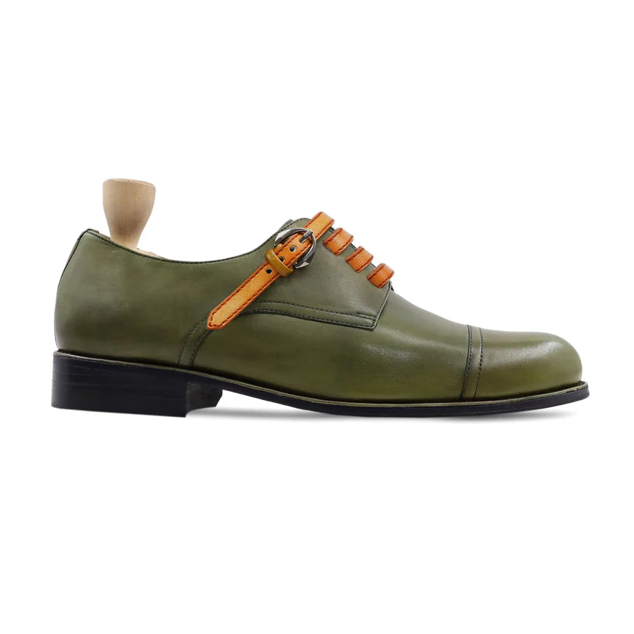 Handmade Olive Green Leather Monk Strap Shoes – Cap Toe Dress Shoe