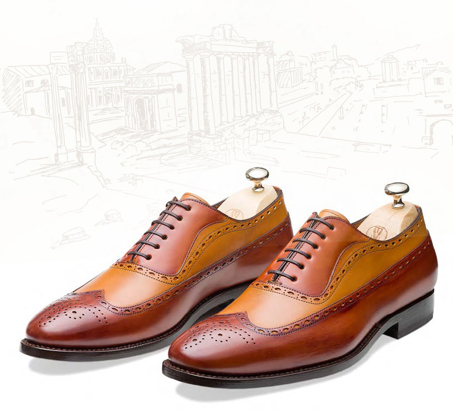 Handmade Cognac Tan Calfskin Oxford Shoes – Italian Brogue Wingtip Leather Dress Shoes