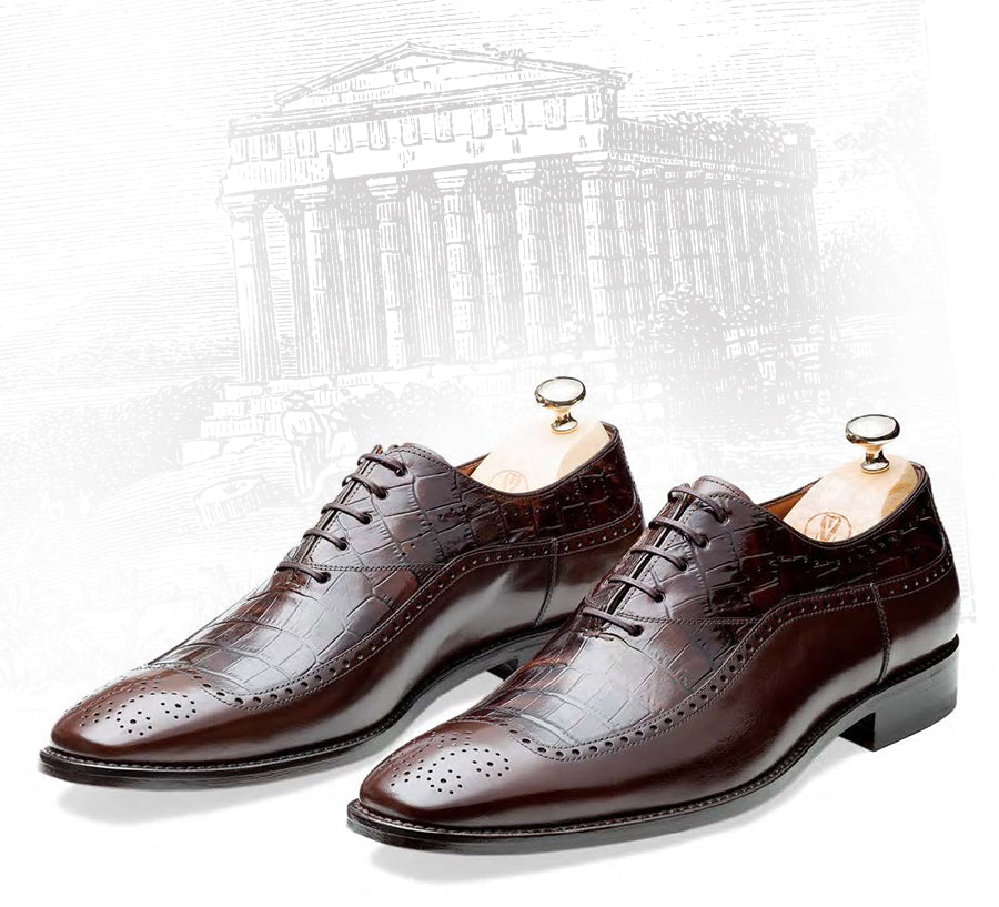 Handmade Croc Embossed Calfskin Oxford Dress Shoes – Brown Wingtip Brogue Leather
