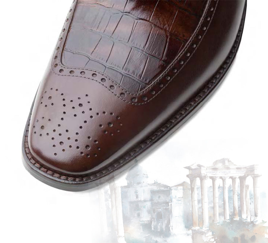 Handmade Croc Embossed Calfskin Oxford Dress Shoes – Brown Wingtip Brogue Leather