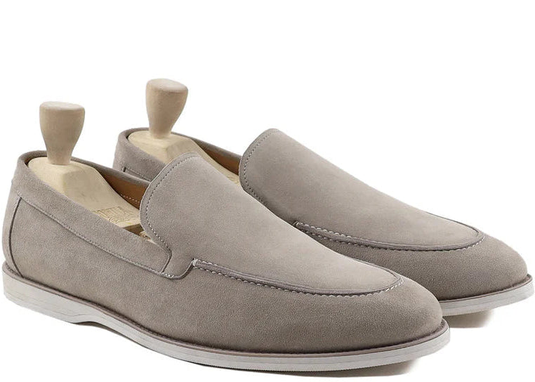 Men's Beige Suede Loafers – Handmade Slip-On Dress Shoes for Summer Weddings