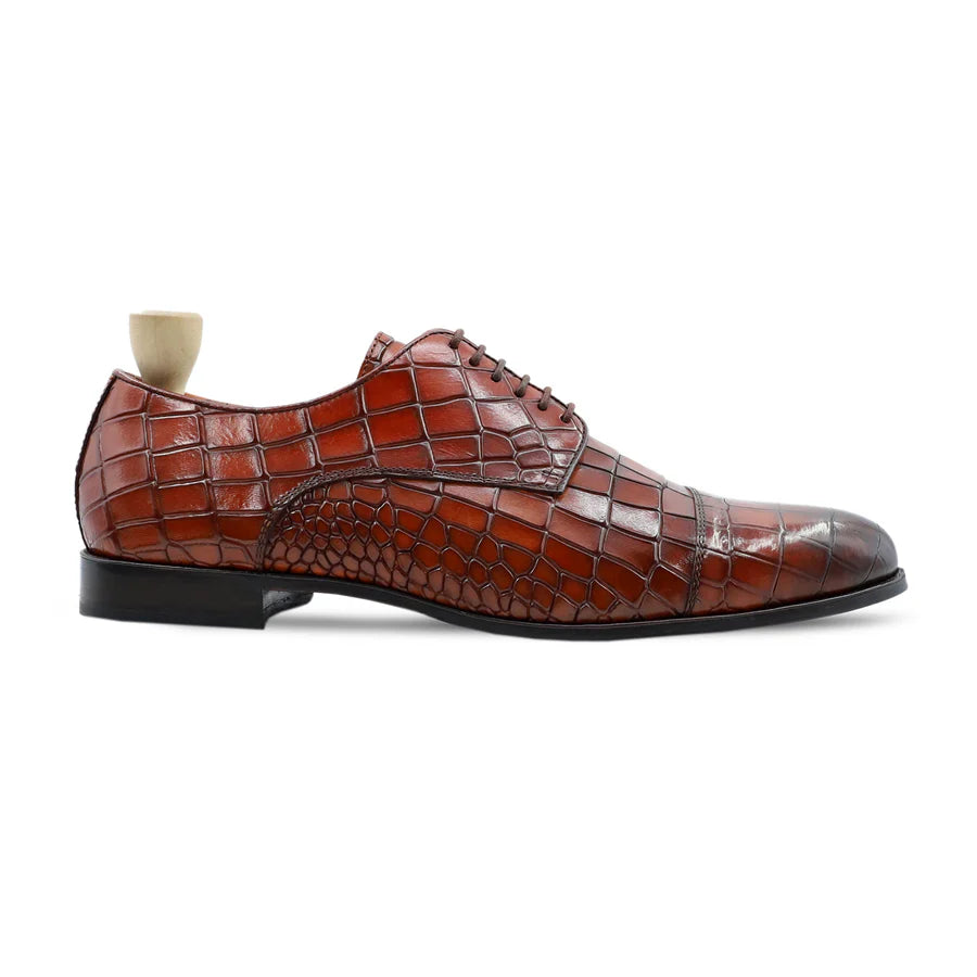 Men’s Brown Crocodile Embossed Leather Dress Shoes – Handmade Luxury Lace Up Formal Shoes