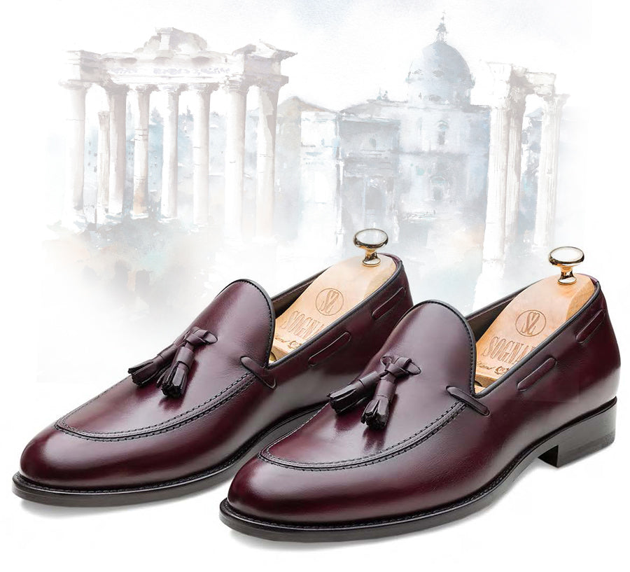 Handmade Burgundy Leather Tassel Loafers – Italian Style Slip On Dress Shoes