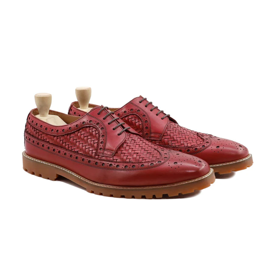 Handmade Burgundy Woven Leather Brogue Derby Shoes – Wingtip Dress Shoes