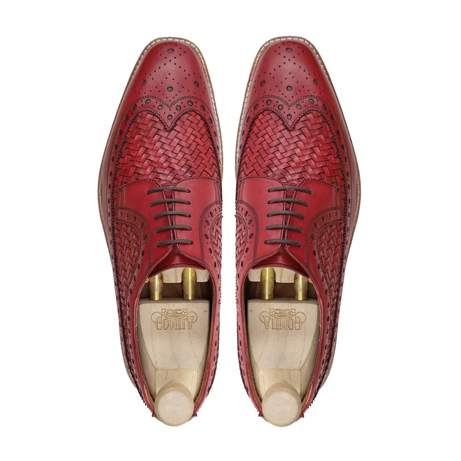 Handmade Burgundy Woven Leather Brogue Derby Shoes – Wingtip Dress Shoes