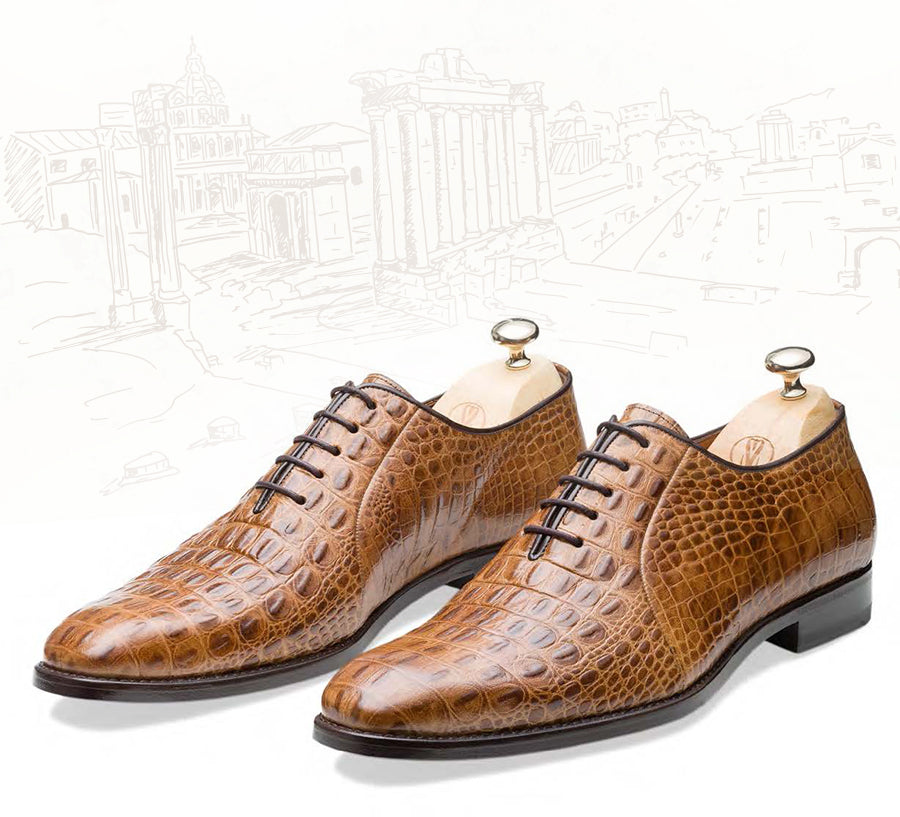Brown Crocodile Embossed Leather Oxford Shoes – Men's Italian Dress Formal Wedding Footwear